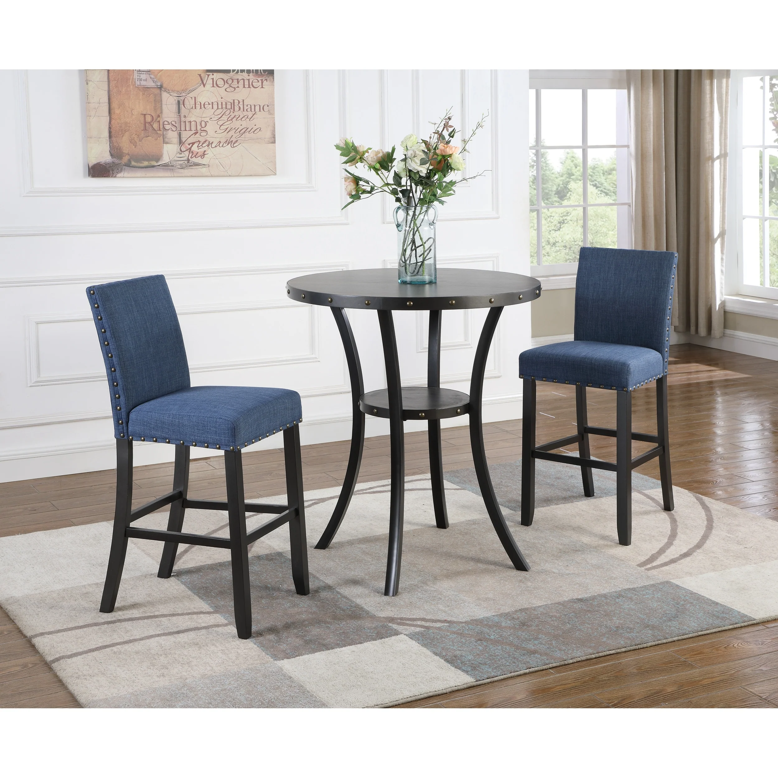 Modern Style 3-Piece Dining Set with Round Bar Table and 2 Nailhead Pub Chairs