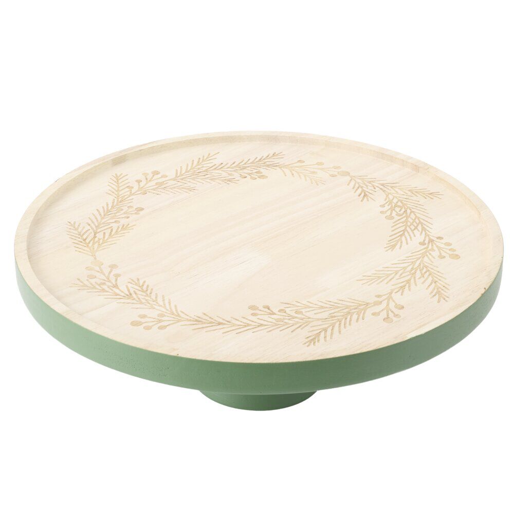Plateau de présentation en bois gravé couronne de No&euml;l Ø28XH10 cm vert et naturel