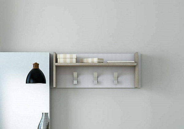 Mobilier d'entrée Angry, Cintre avec 3 crochets, Etagère de rangement d'entrée, 100% Made in Italy, 90x29h34 cm, Blanc et Chêne