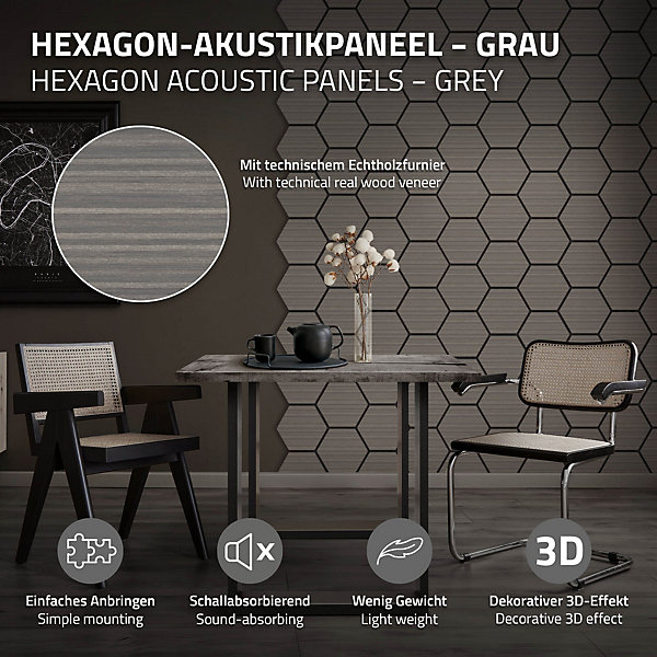 Lot de 2 panneaux acoustiques hexagonaux 66x81 cm 1m² isolation phonique gris
