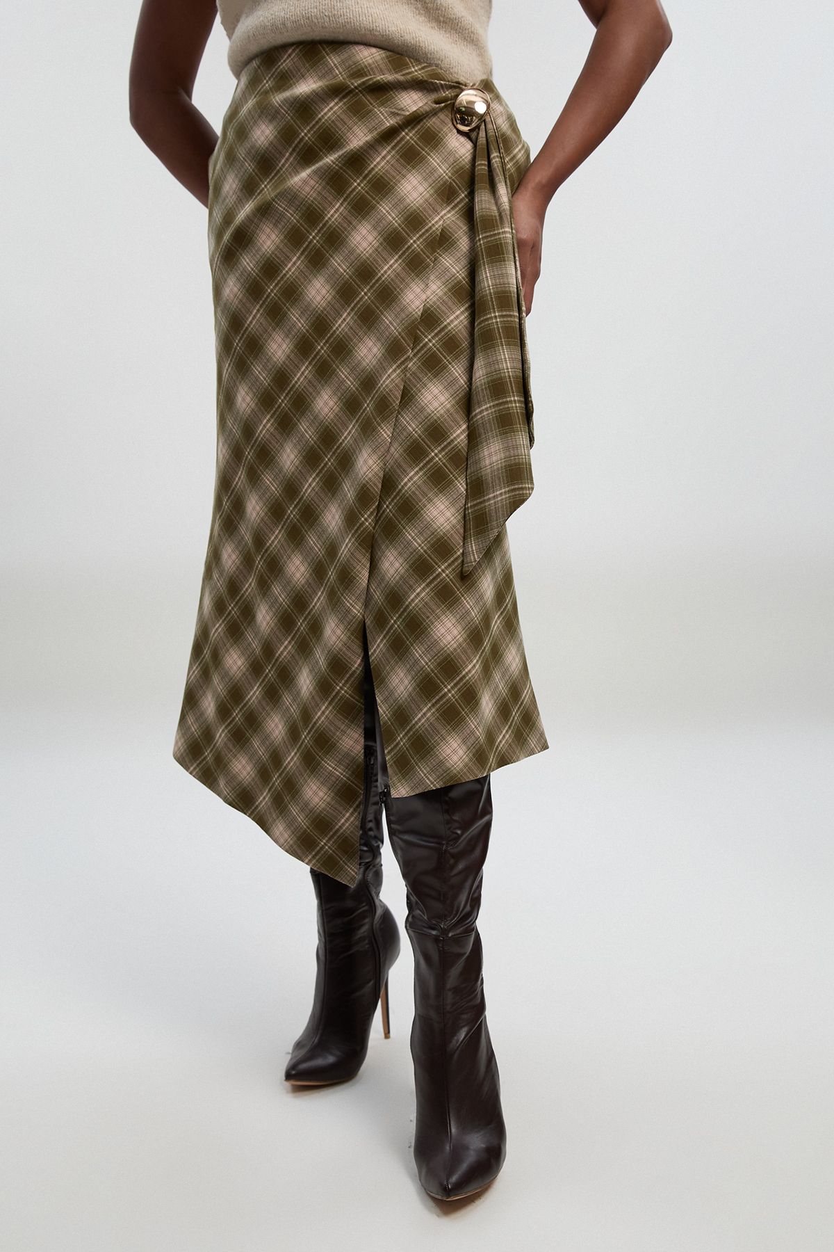 KarenMillen Plus Size Tailored Check Trim Detail Midi Skirt