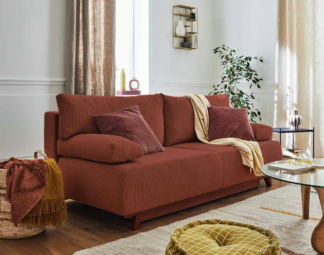 CRISTAL - Canapé droit convertible 3 places en velours côtelé terracotta