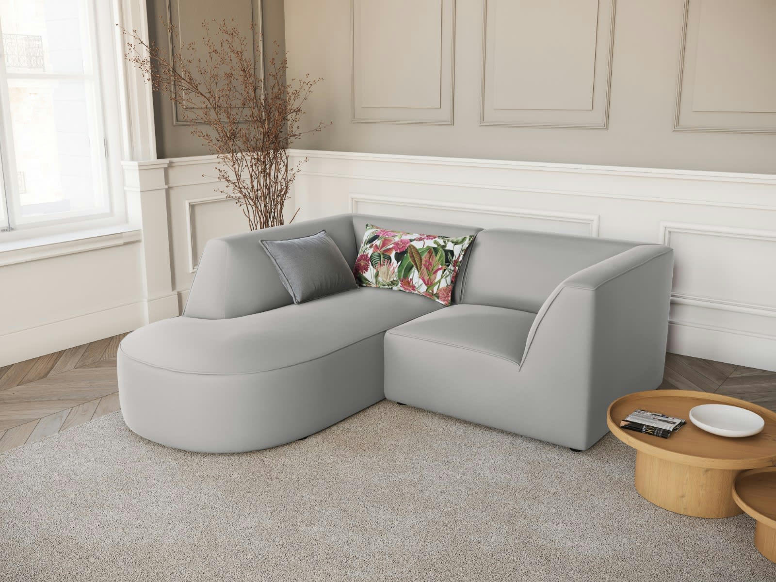 CHARLES - Canapé D'Angle Gauche 3 places en Velours Gris Clair