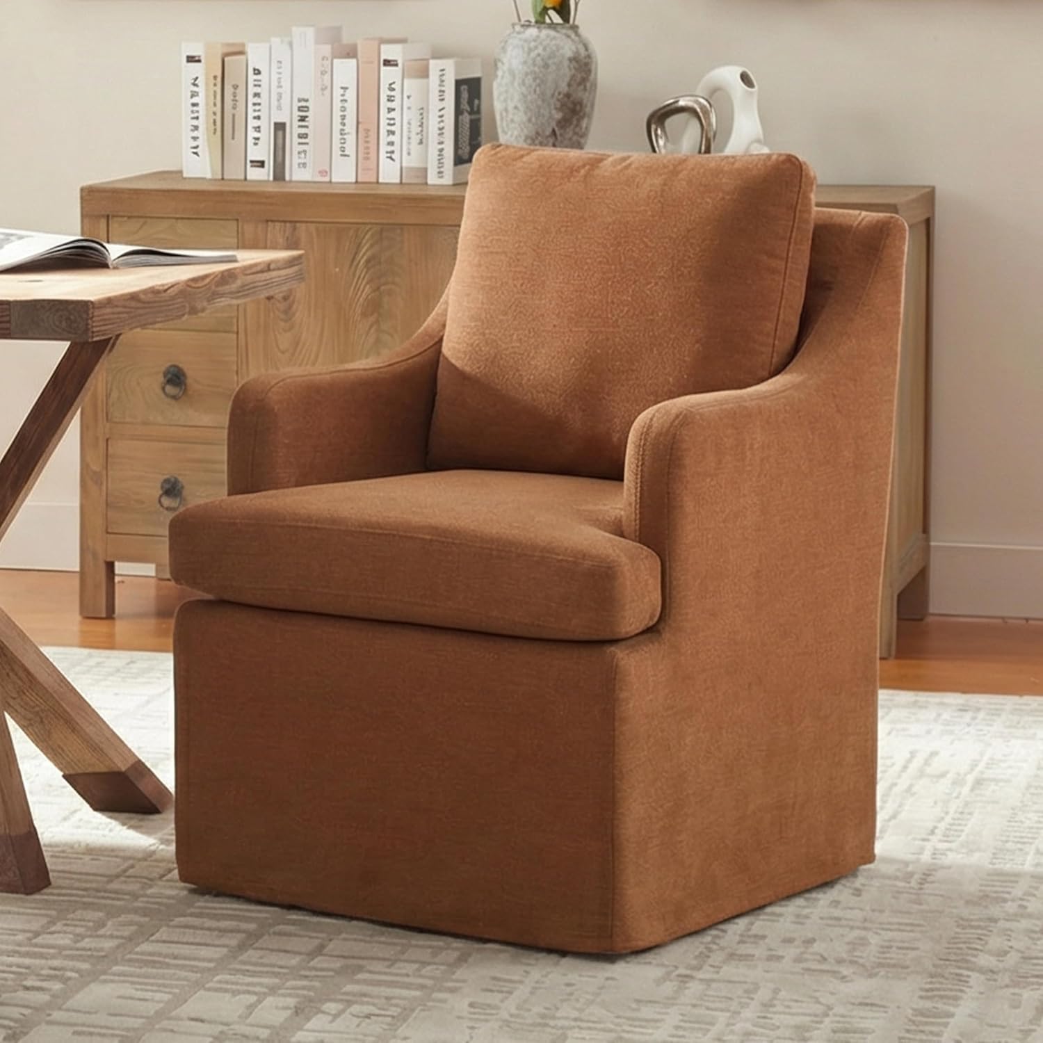 VKNOW Upholstered Dining Chairs, Modern Kitchen Chairs Dinner Chairs with 4 Casters, Chenille Armchair for Bedroom Reading Room Living Room, Orange