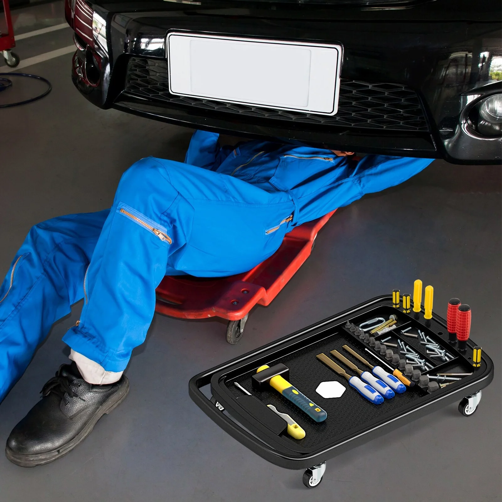 Gymax 2-in-1 Rolling Tool Tray w/ Detachable Part Tray Portable