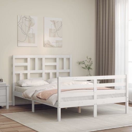 NNEVL Bed Frame with Headboard White 137x187 cm Double Solid Wood