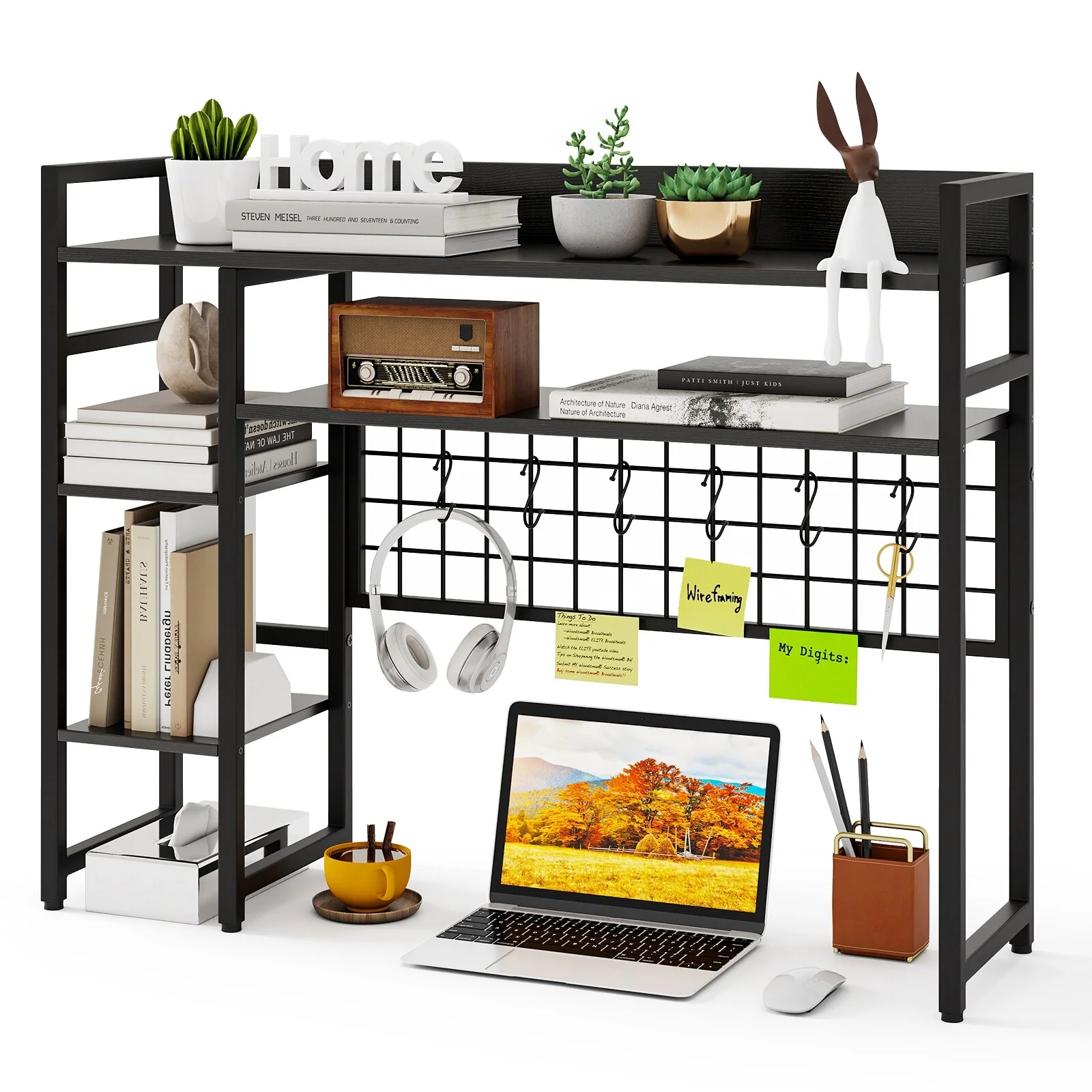 Metal Desk Hutch 4-Tier Open Shelf Display Rack with Hooks and Anti-Tip Kits - 7 L x 10 W x 29 H