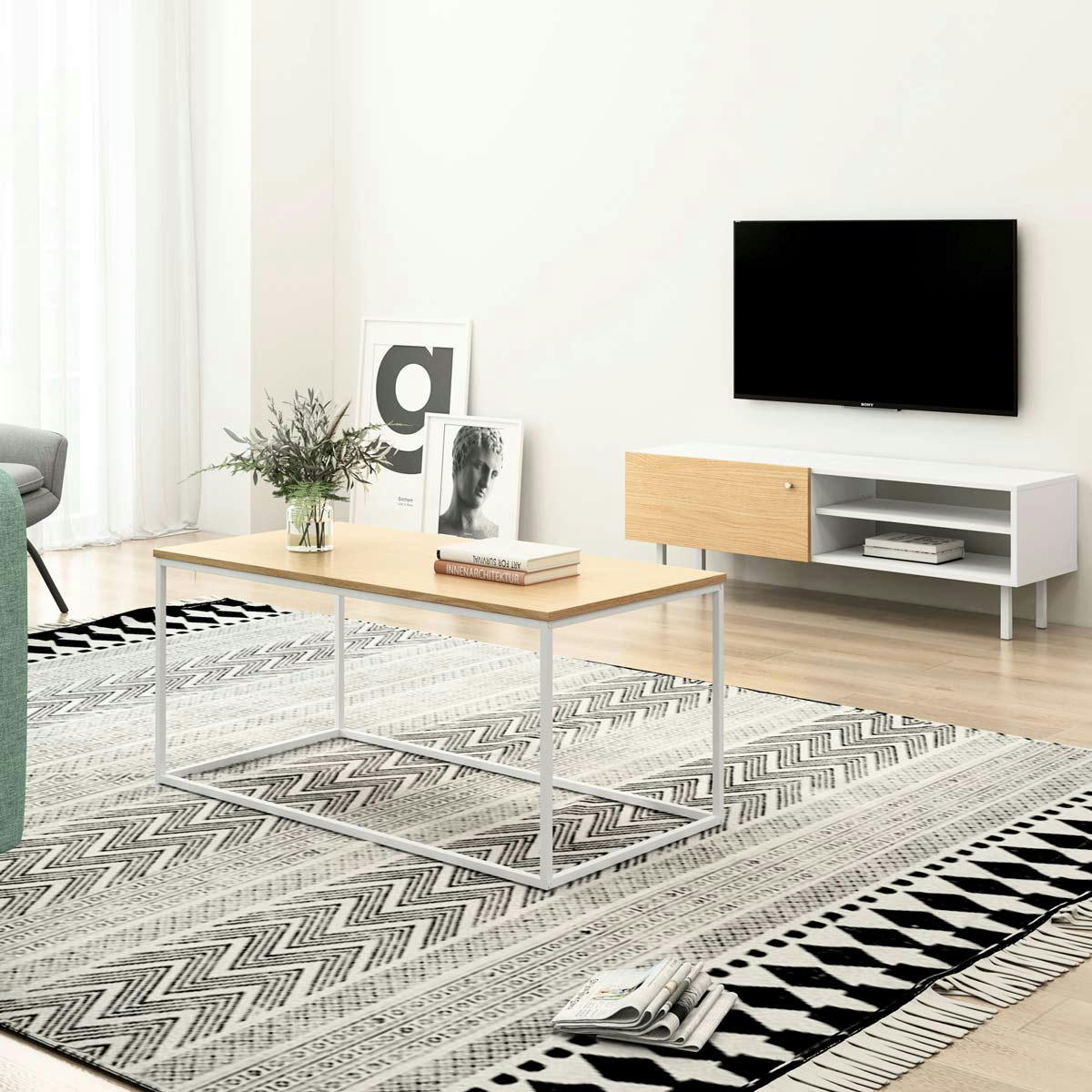 - Meuble TV et table de salon avec porte pliante blanche