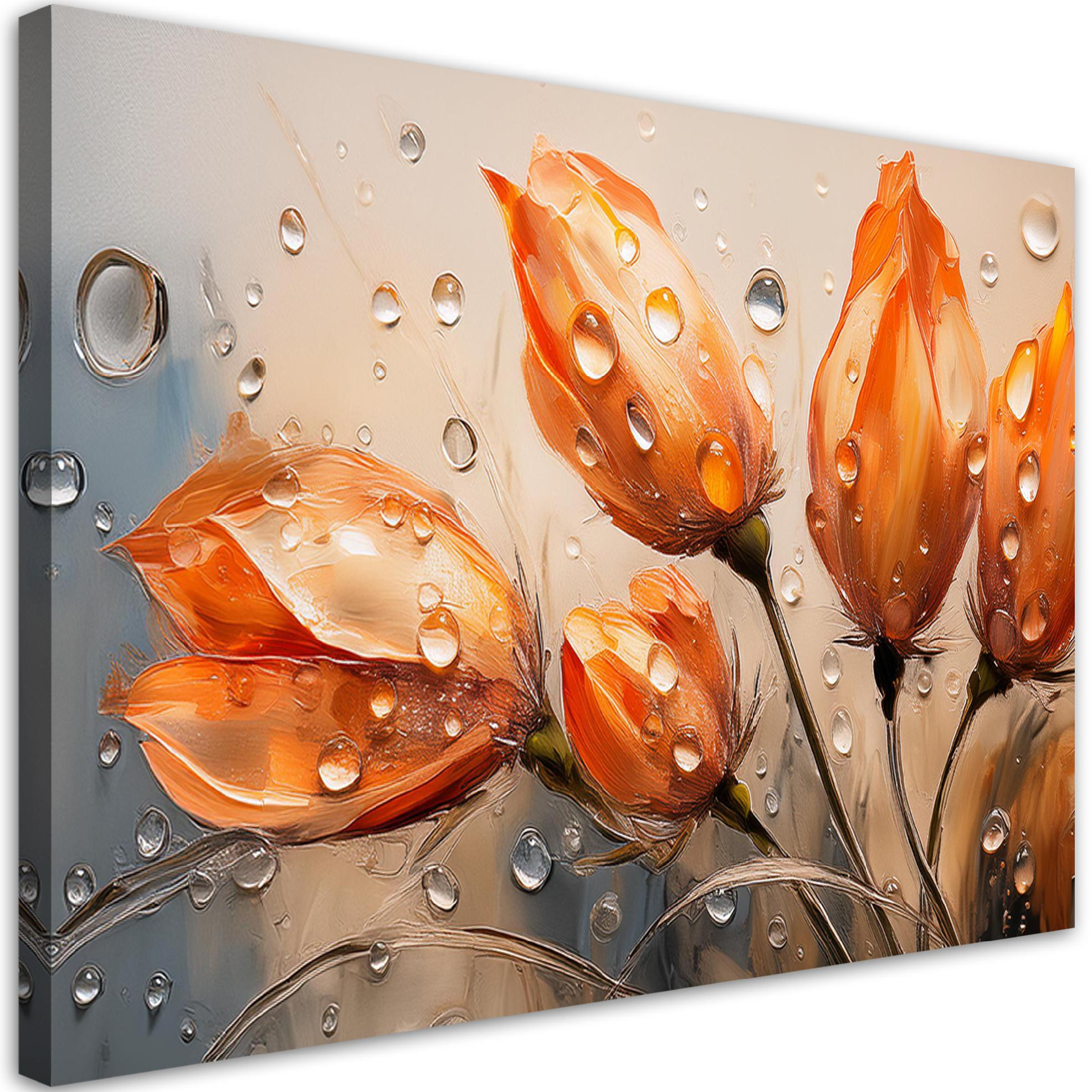 Feeby Obraz na płótnie, Tulipany Kwiaty Pomarańczowe Krople Rosy 60x40