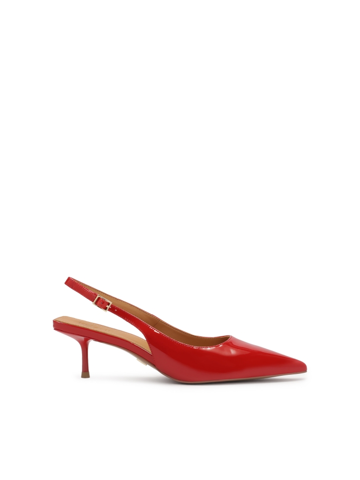 Red patent leather pumps with exposed heel