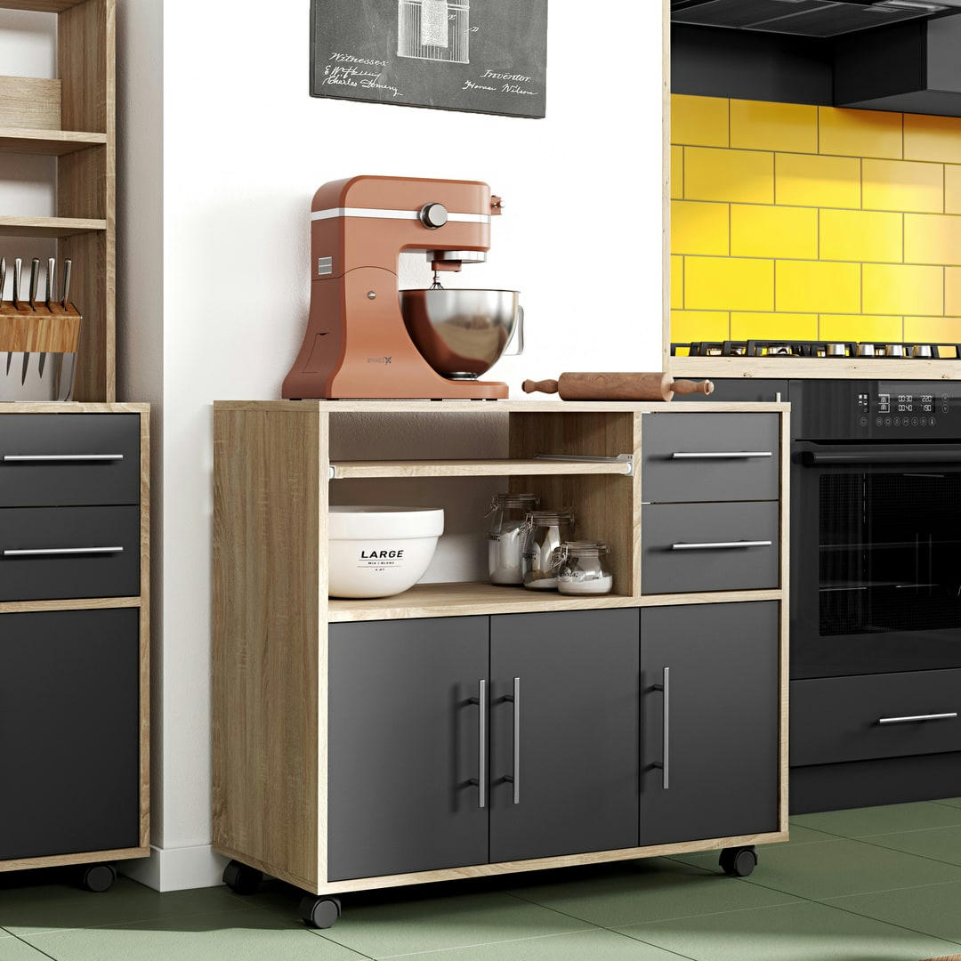 MARIUS - Desserte micro-onde effet bois chêne naturel et noir