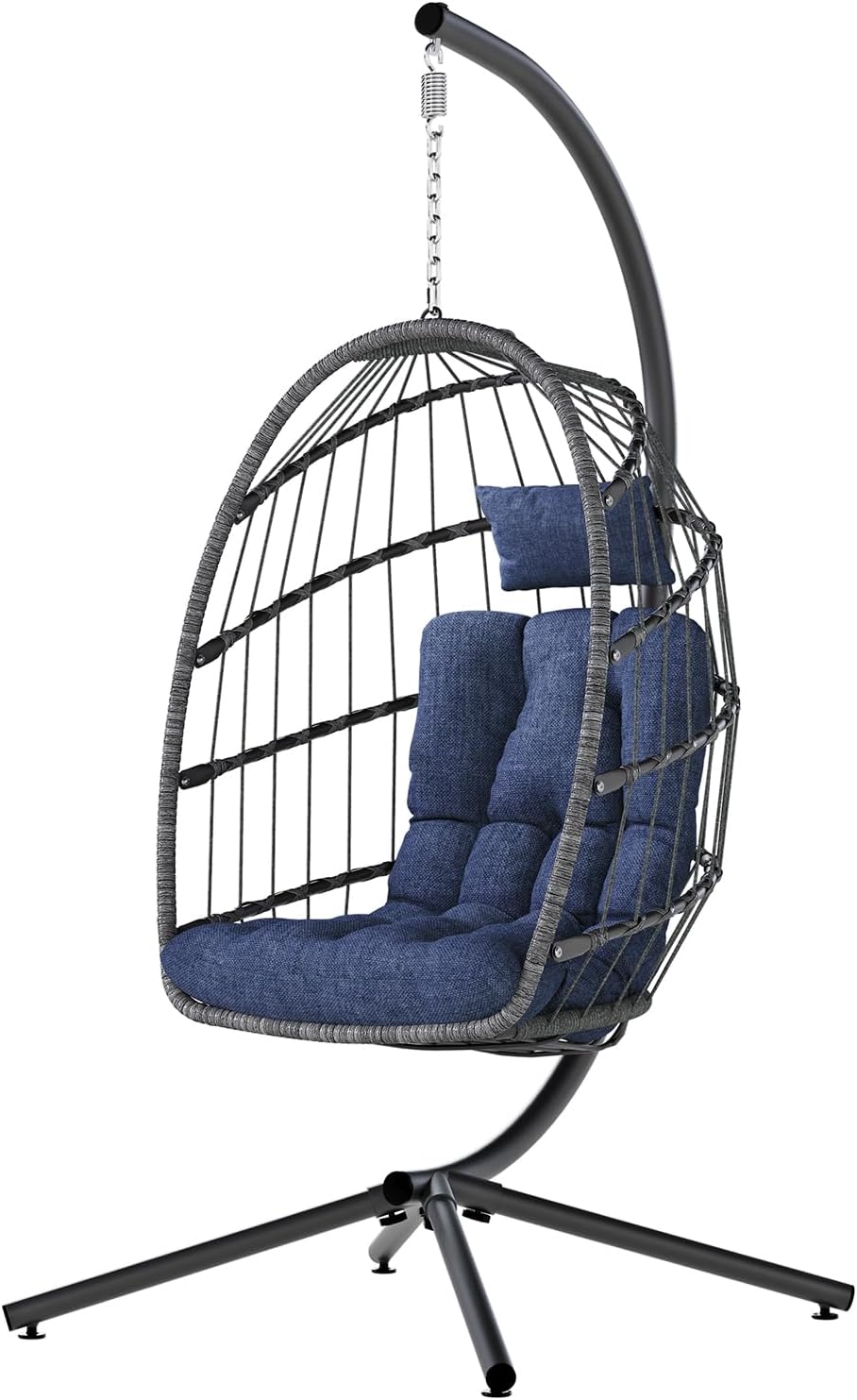 Hanging Egg Chair with Stand, Indoor Outdoor Wicker Patio Egg Swing Chair with Cushion for 350LBS Capacity, Hanging Hammock Chair for Bedroom, Garden, Porch - Dark Blue