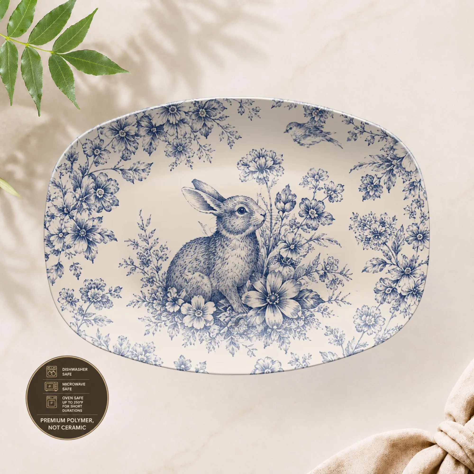 Blue Toile Bunny Platter: Vintage Inspired Rabbit Serving Tray, Floral Cottagecore Spring Unbreakable Dishes