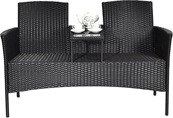 Banc de Jardin en Rotin à 2 Places avec 1 Table Basse en Verre Trempé Ensemble de Meubles de Jardin