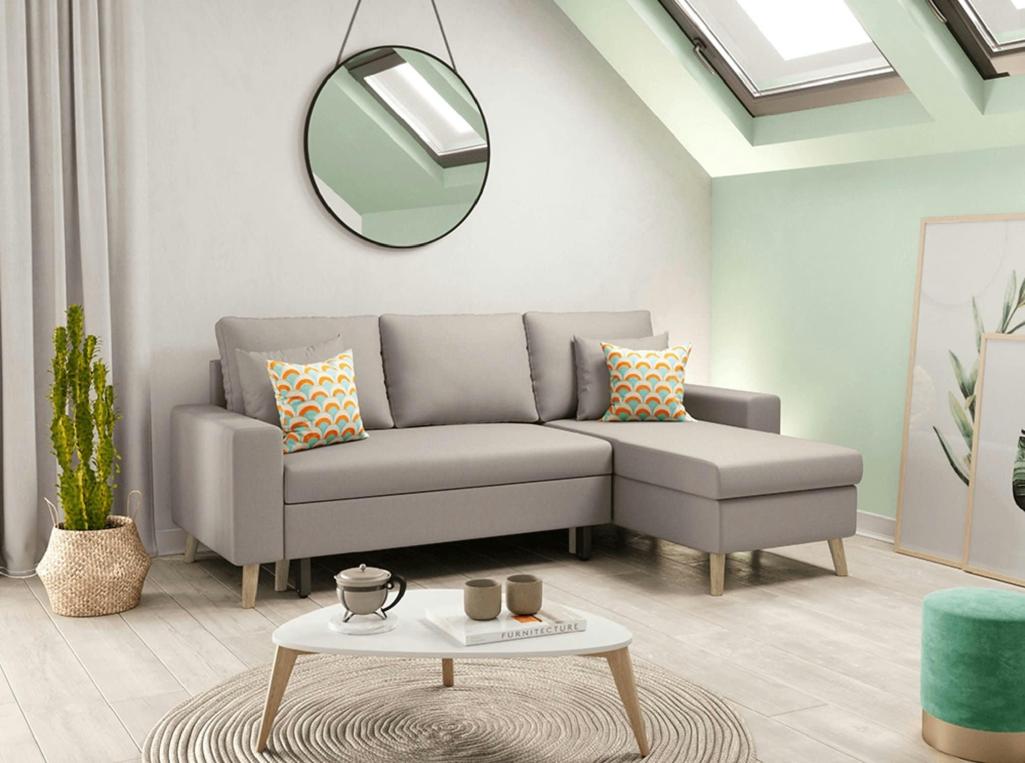 MARIA SCANDINAVE - Canapé d'angle scandinave convertible avec coffre en tissu beige