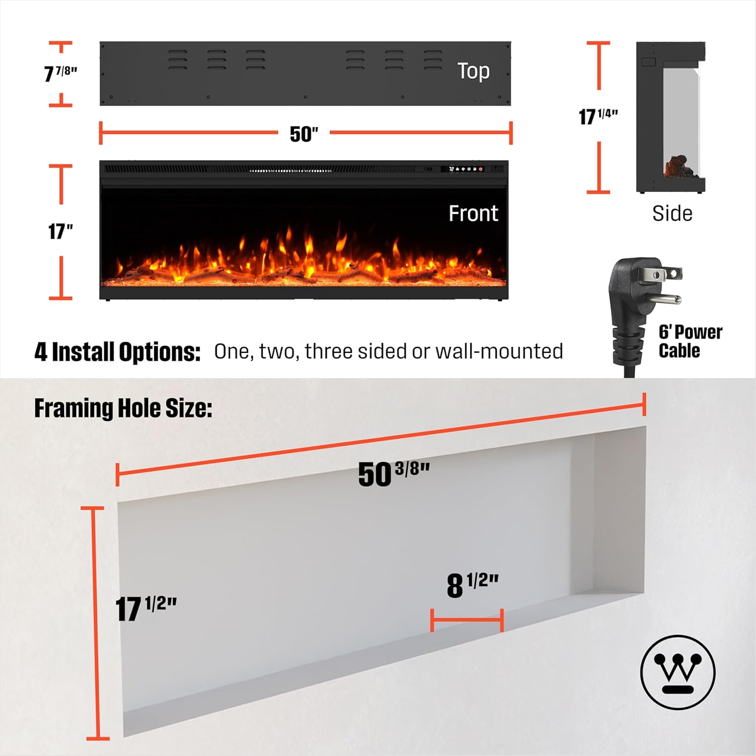 Westinghouse 50inch Electric Fireplace, Realistic Flame&Log Set, Compatible with Alexa & Google Home, Wall Mount or Recessed, 24 Hour Timer, Color Changing Flames, 750W/1500W Indoor Heater (50inch)