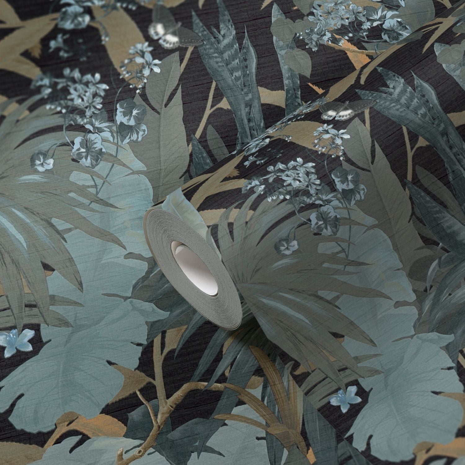 Livingwalls behang jungle-motief turquoise, zwart, blauw en groen - 53 cm x 10.05 m - AS-385222