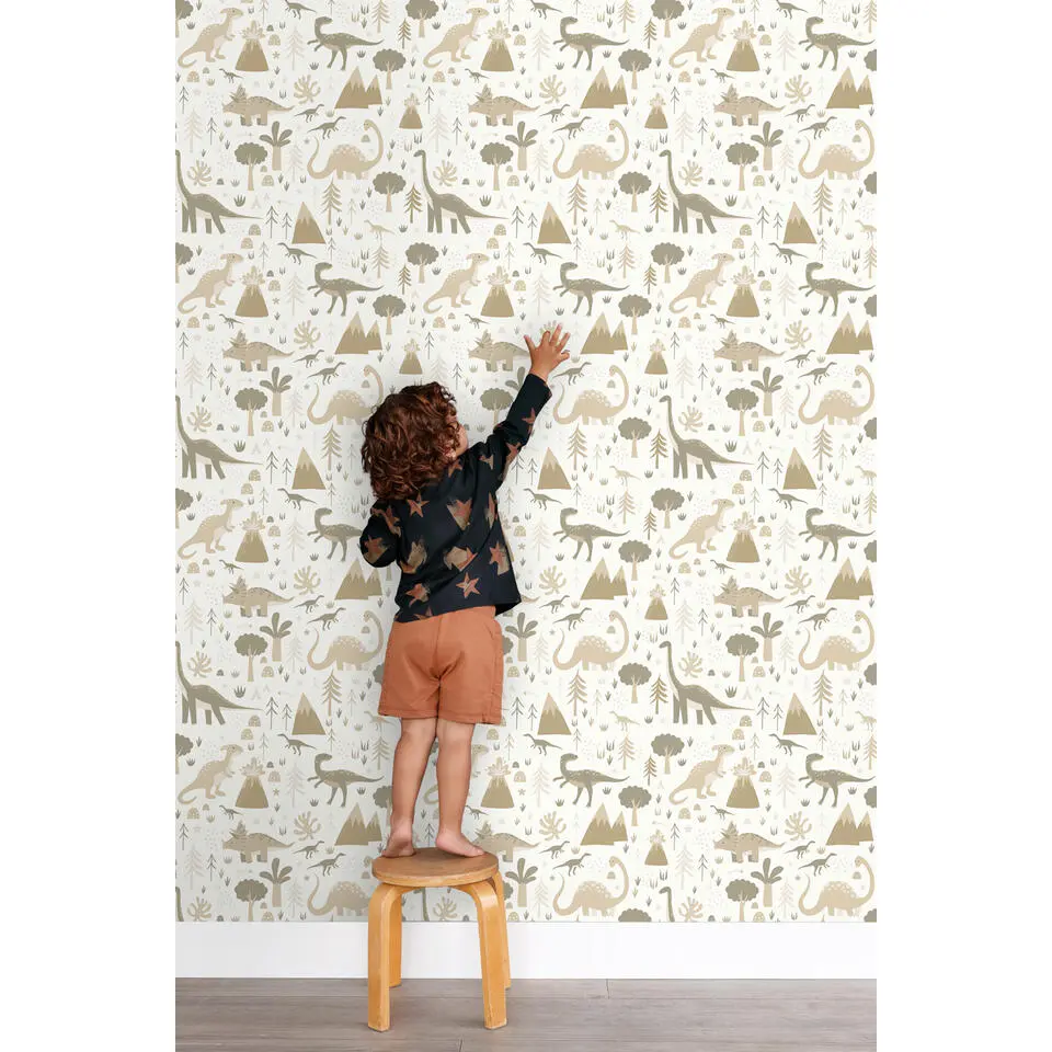 ESTAhome behang dinosaurussen beige en taupe - 53 cm x 10.05 m