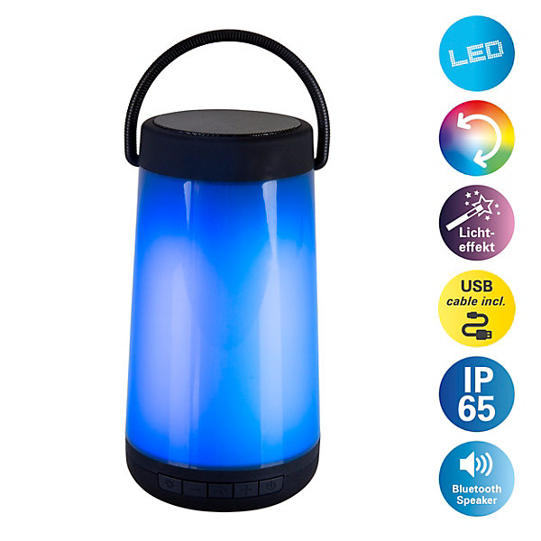 Lampe de table LED avec haut-parleur BT 'FESTA' pour l'extérieur en plastique noir avec LED intégrées, hauteur 18 cm