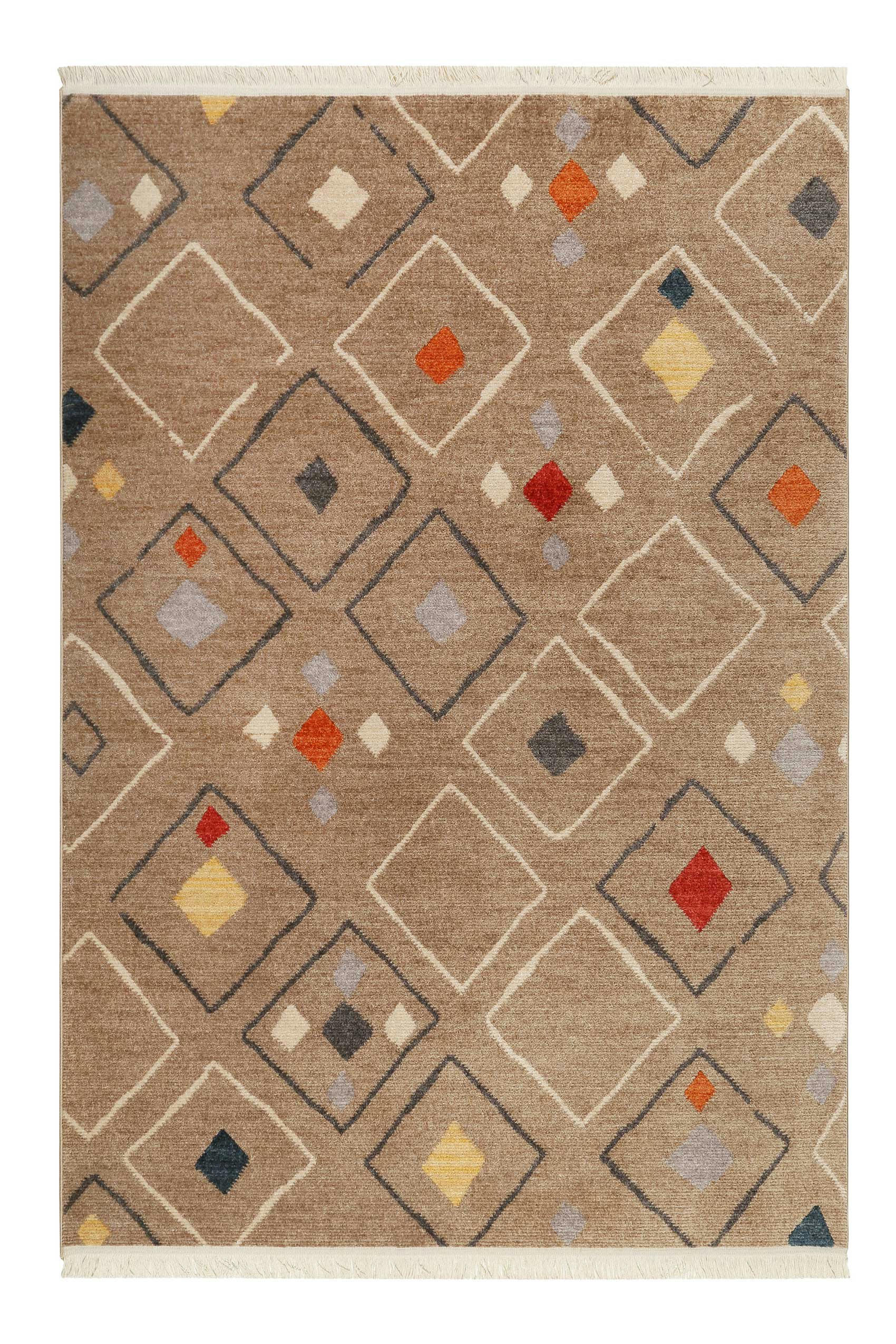 MONT ROYAL - Tapis tissé ethnique chic à franges multicolore fond marron 120x170