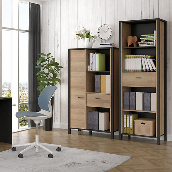 Bibliothèque 152 cm 1 porte 1 tiroir décor bois chêne et noir - MODE
