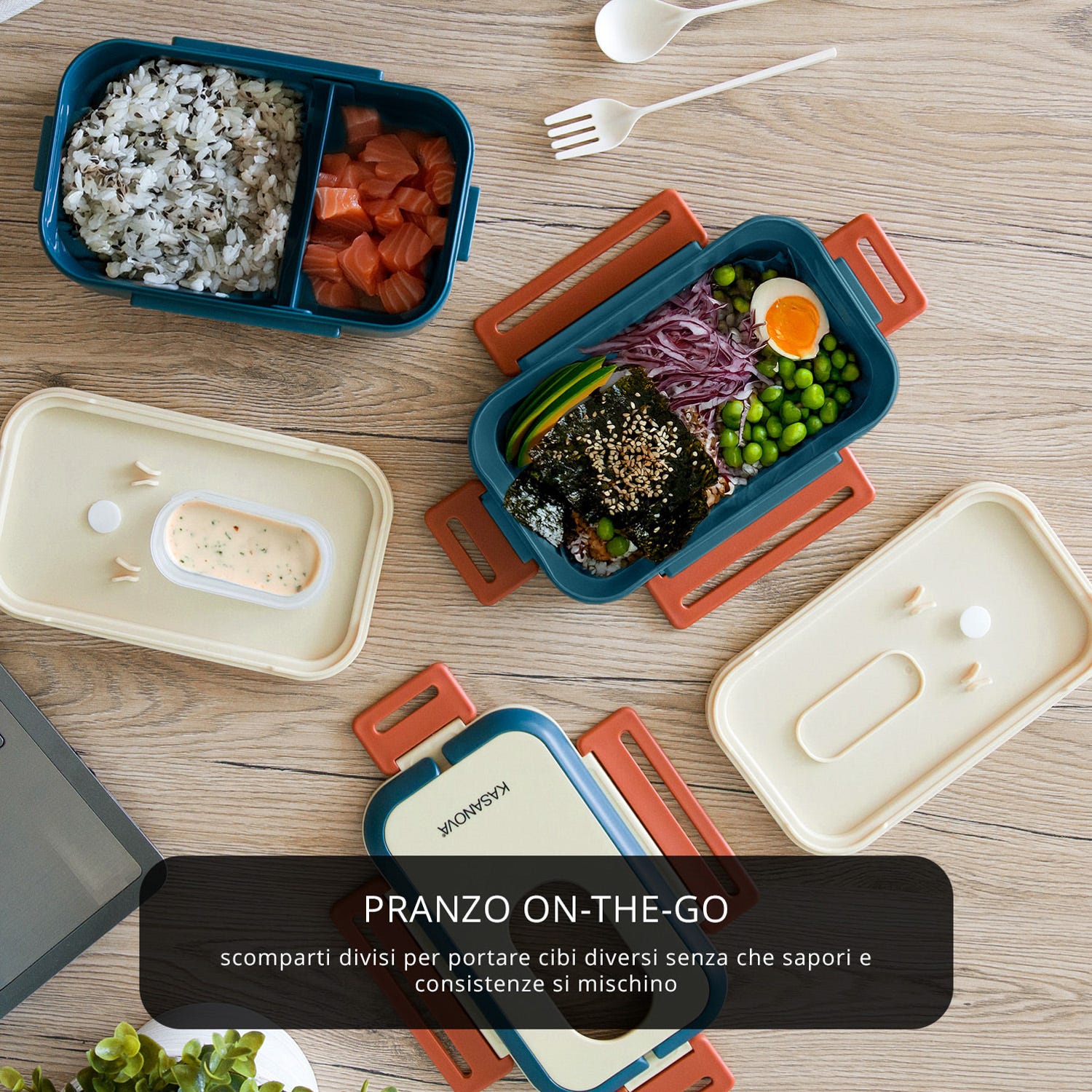 Porta pranzo con 2 scomparti e posate Clicks blu beige