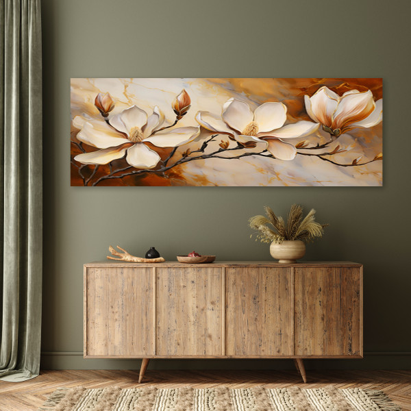 Feeby Obraz na płótnie, Magnolie Glamour Gałązka Marmur 90x30