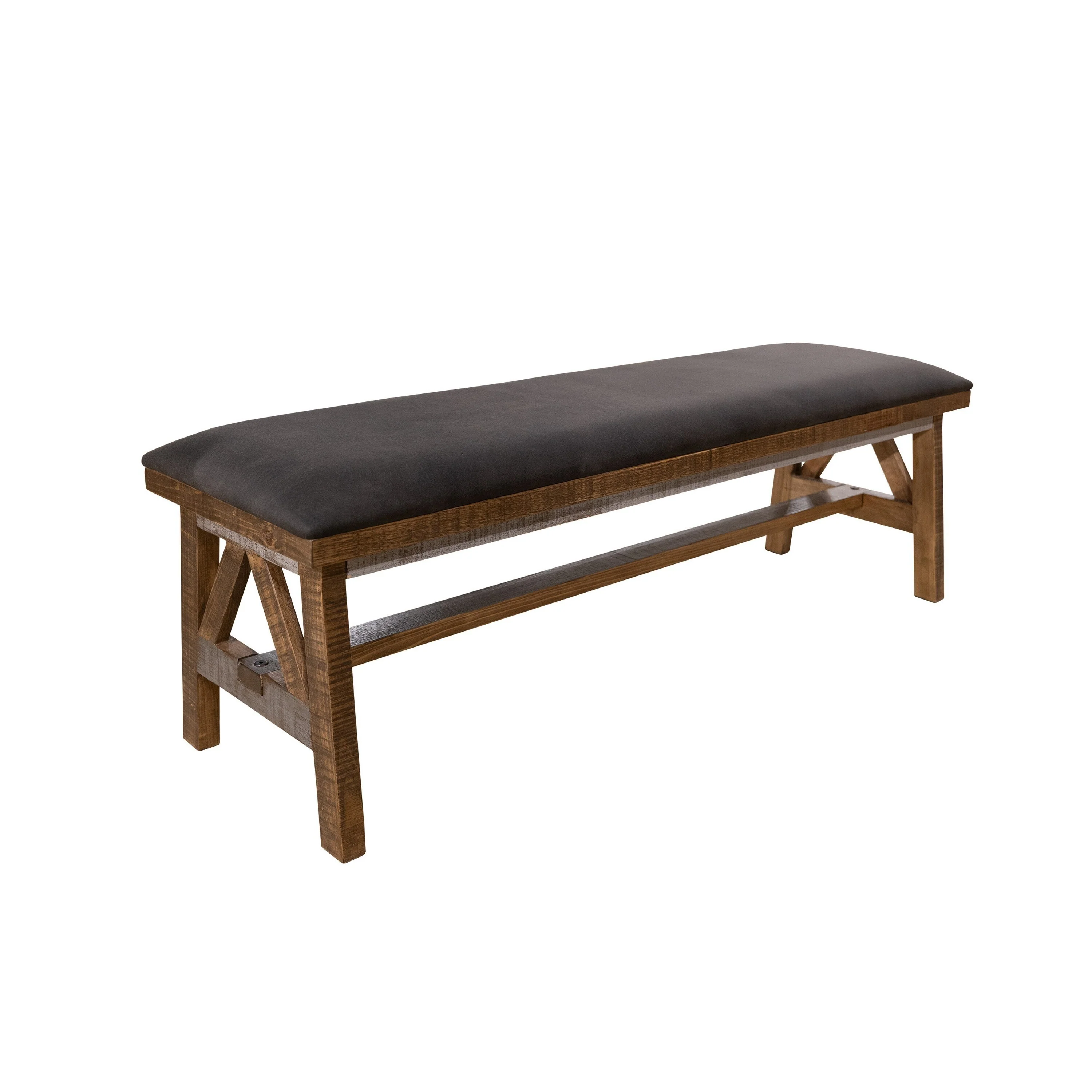 Pola Dining Bench, Dark Gray Upholstered Seat, Brown Solid Pine Wood