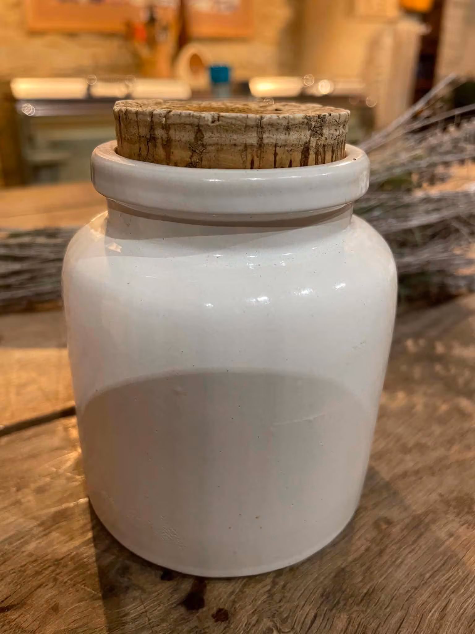Set o 7 Vintage French White Stoneware Pantry Jars with Cork Lids