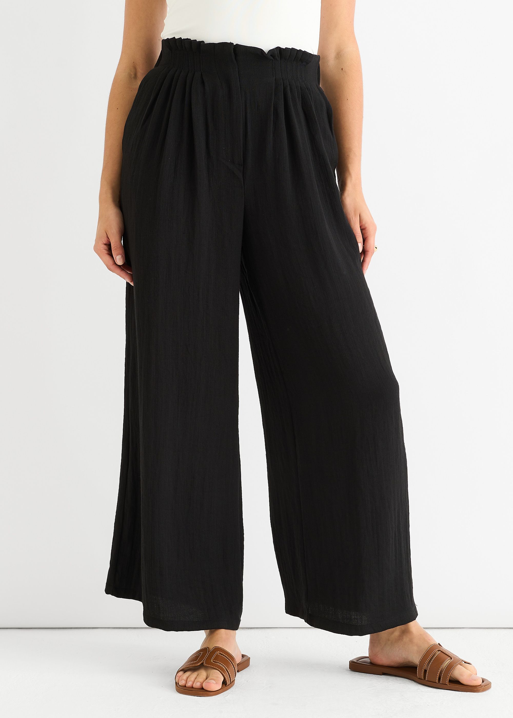 Gini London Black Paperbag Waist Wide Leg Trousers