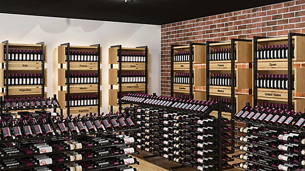 Meuble Range Bouteille Caviste. Îlot de vente 1.42m. Kit de Supports 702 bouteilles. 2 extensions noir