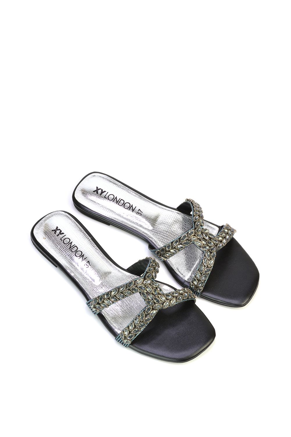 XY London Kane' Slip On Cut Out Square Toe Diamante Flat Sandals Sliders