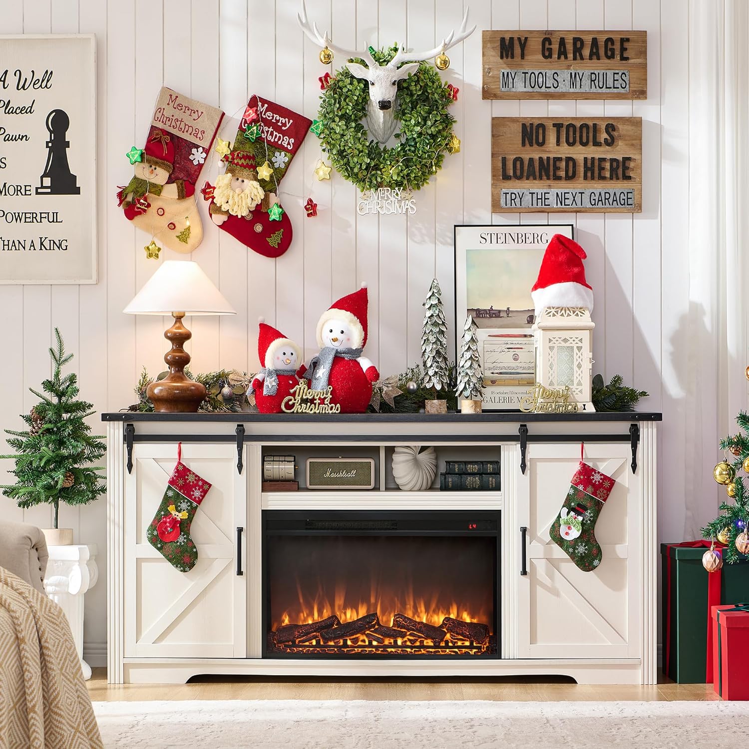 JXQTLINGMU Farmhouse Fireplace TV Stand for 80 Inch TV, 32 Tall Entertainment Center w/Drawer & Sliding Barn Door, 70 Inch Highboy Media Console for Living Room, Off White