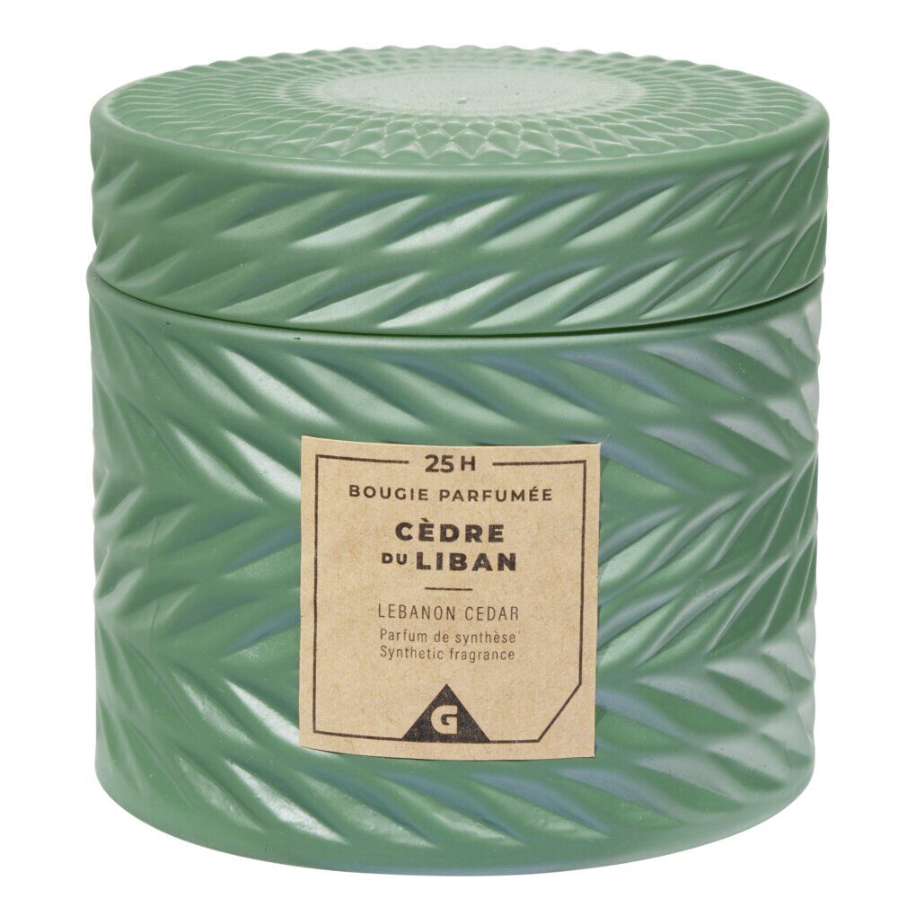 Bougie parfumée vert design relief senteur cèdre du Liban 25H