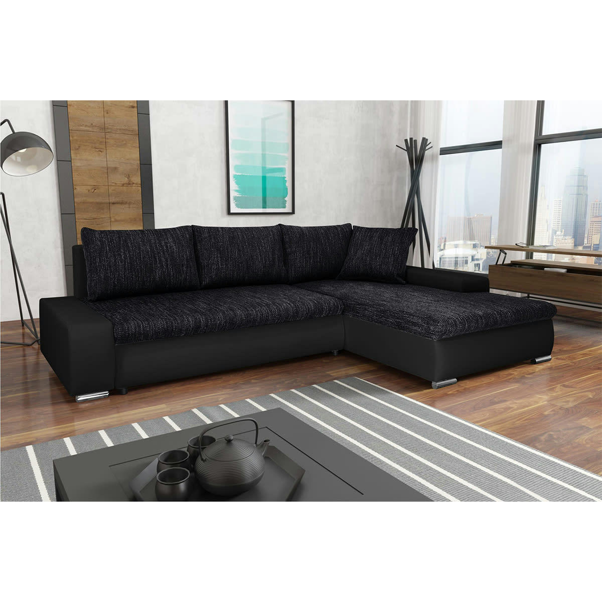 - Canapé d'angle convertible droit 4 places noir