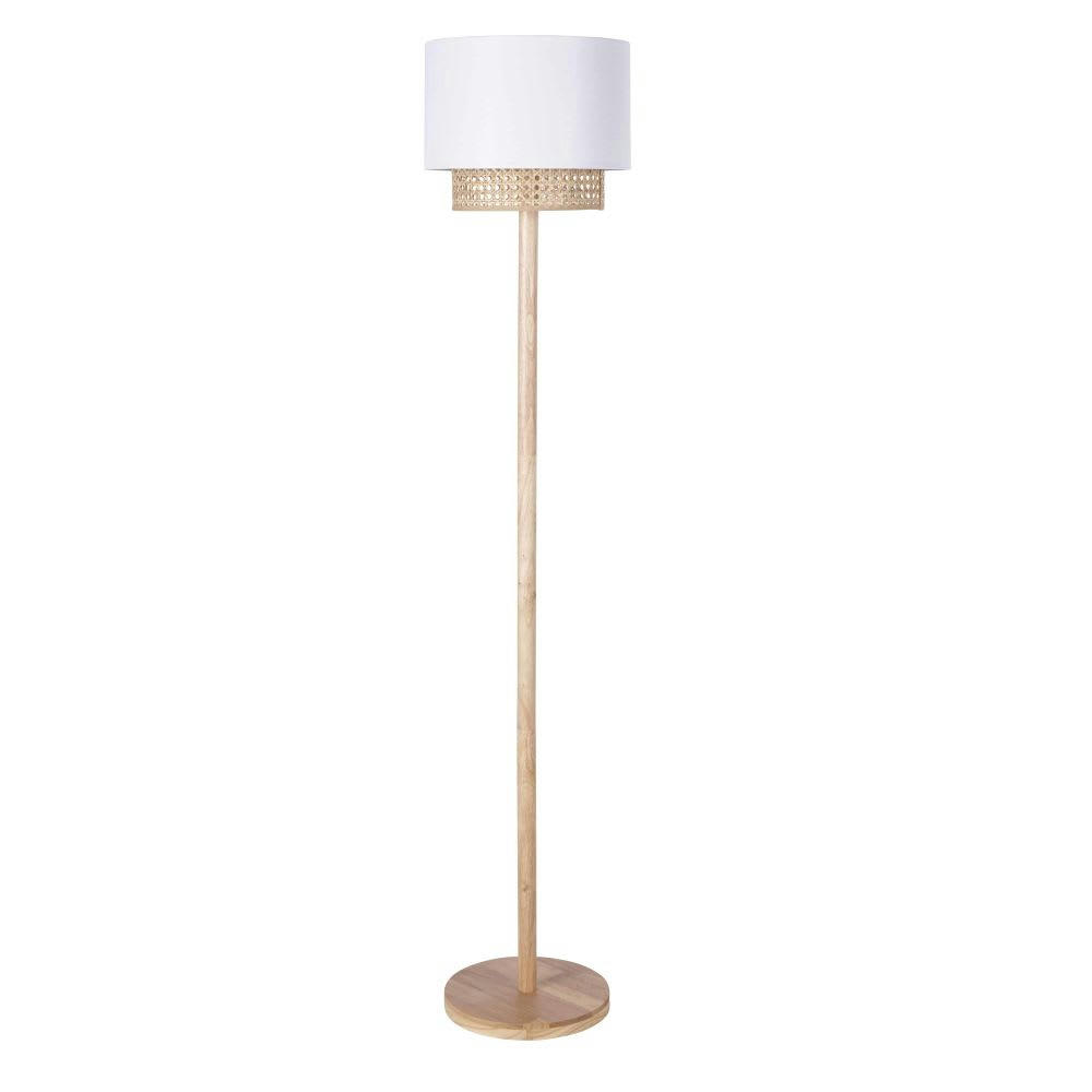 LILA - Lampadaire fixe en bois d'hévéa avec abat-jour en rotin et tissu blanc H146