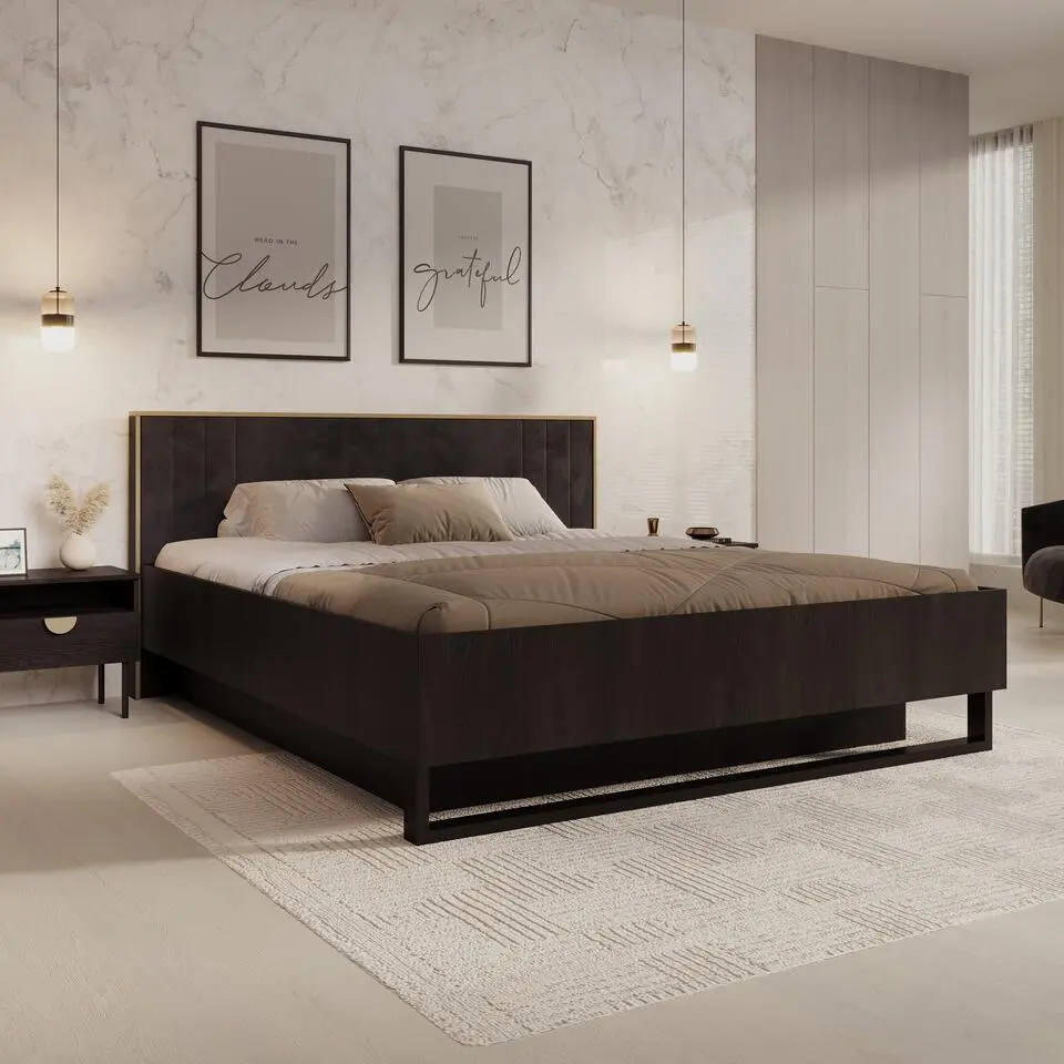 Meubella - Tweepersoonsbed Monor - Zwart eiken - 180x200 cm - Met gaslift