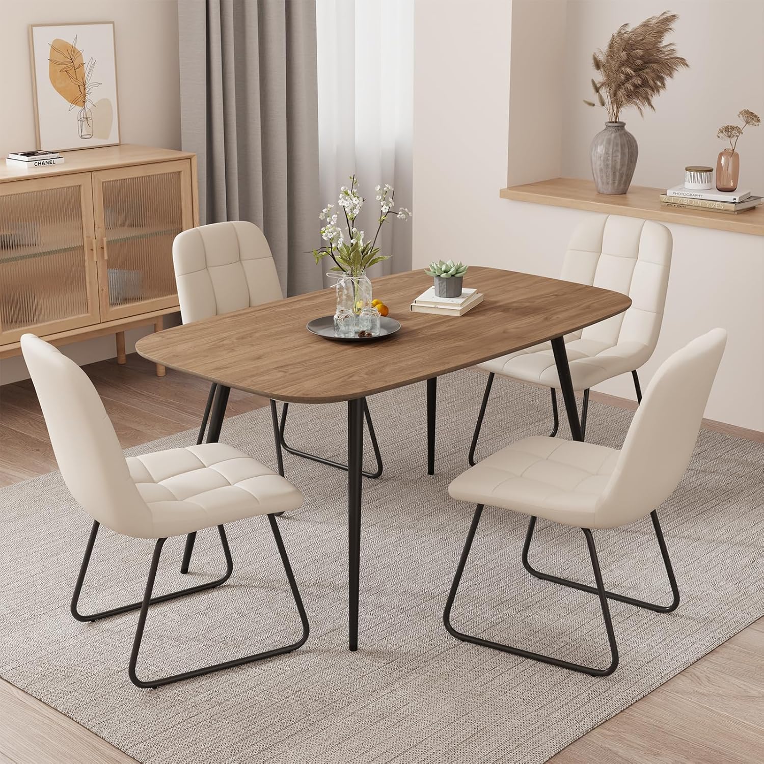47.2'' Dining Table Set for 4,Modern Wood Dining Table,Leather Dining Chairs 4,Table and Chairs Set of 4,Ideal for Kitchen Dining Room (Walnut Color Table + 4 U-Shaped White Chairs, 47.2)
