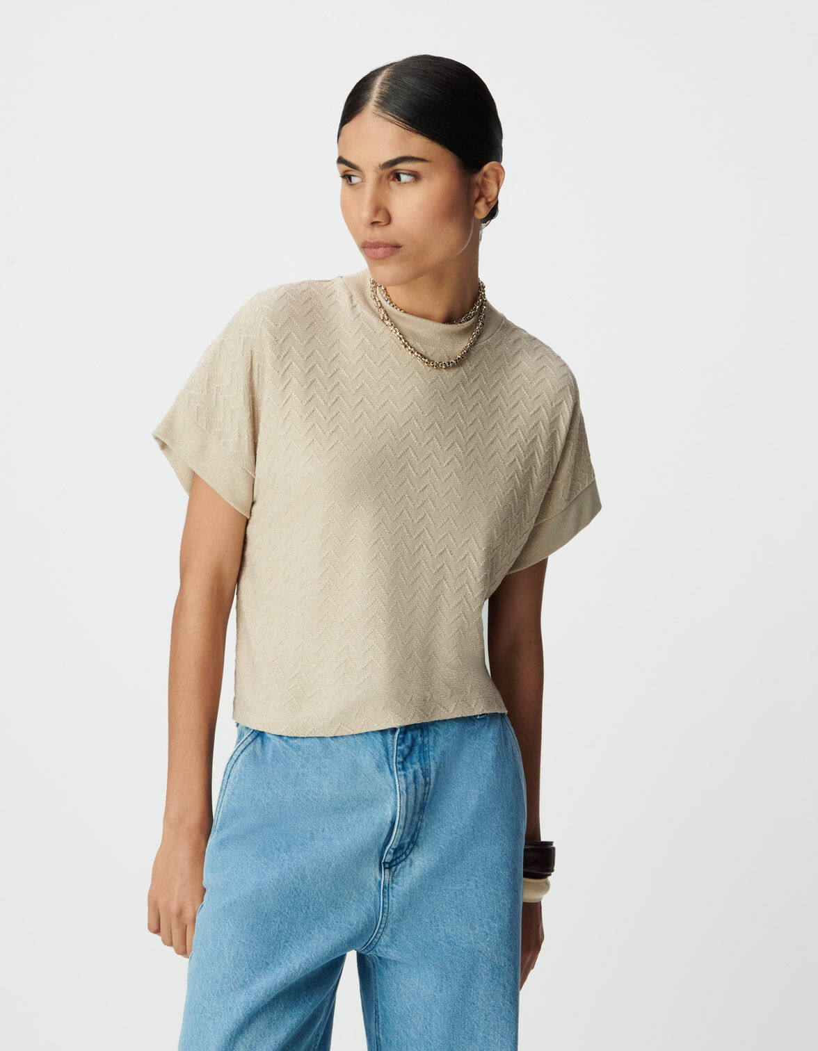 Tee-shirt manches courtes beige  lurex maille ajourée Femme