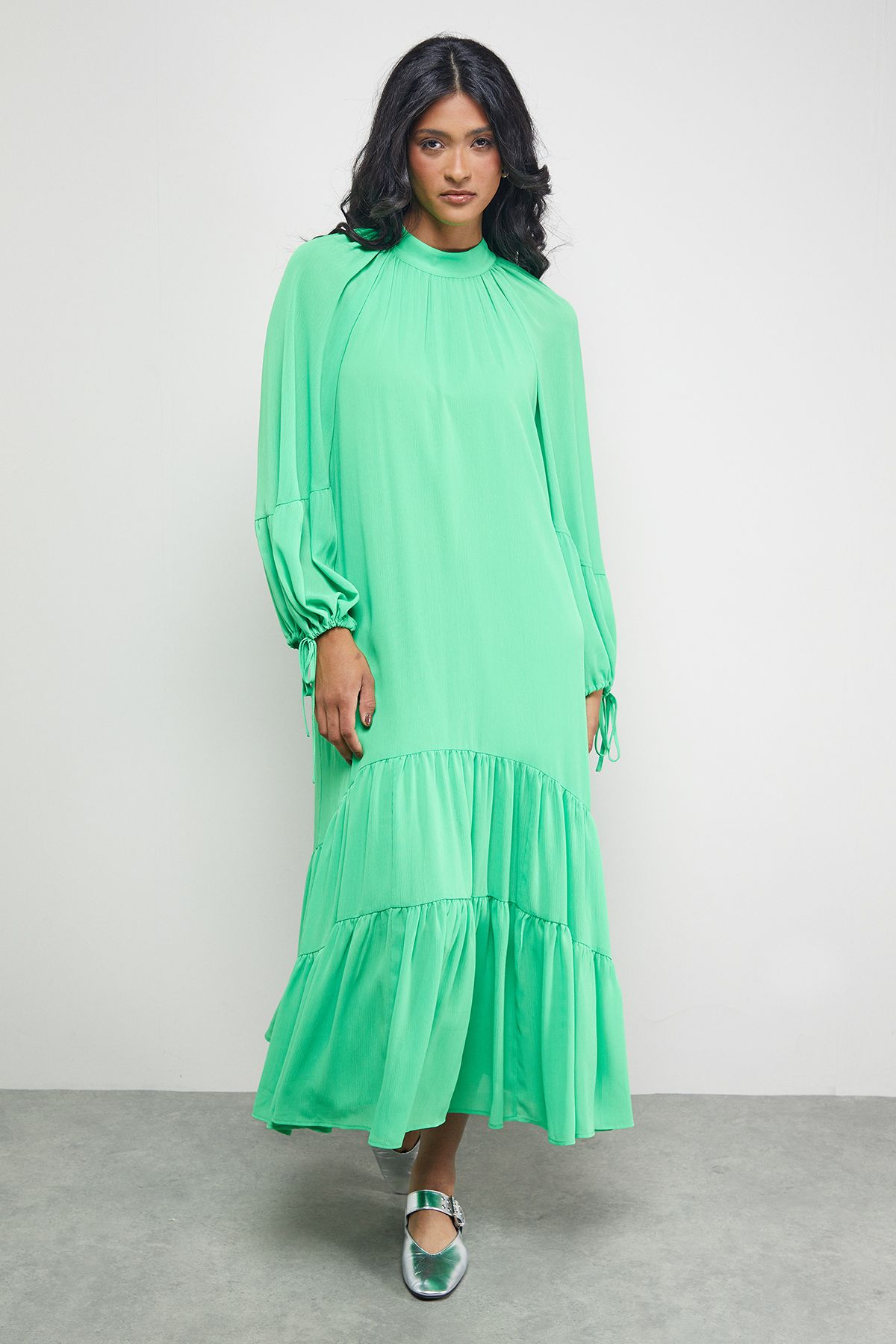 Warehouse Tony Chiffon High Neck Tier Smock Midi Dress