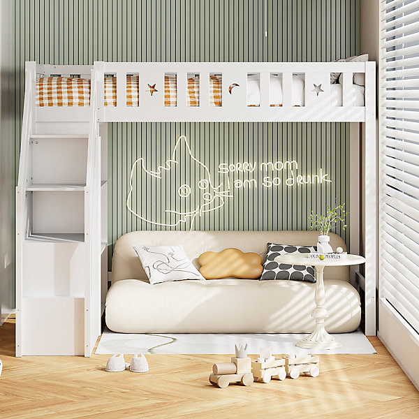 Lit Mezzanine 90x200 cm - Lit Simple avec échelle de Rangement et étagères - Cadre en Bois et Métal - Sans Matelas - Blanc