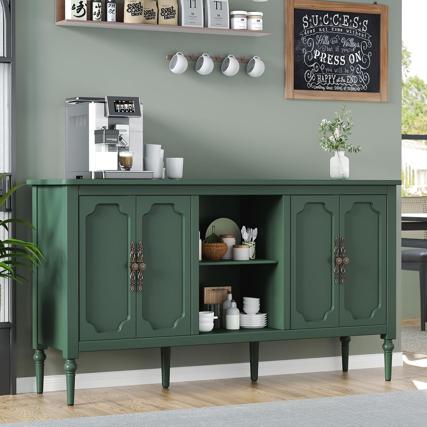 Vintage Buffet Sideboard Cabinet with 4 Doors, 59 Mid Century Modern Storage Cabinet with Shelf, Decorative Accent Credenza TV Stand (Green)
