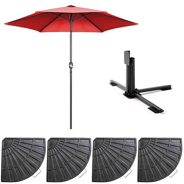 Parasol droit inclinable 3m et 4 dalles lestées aluminium rougeOviala
