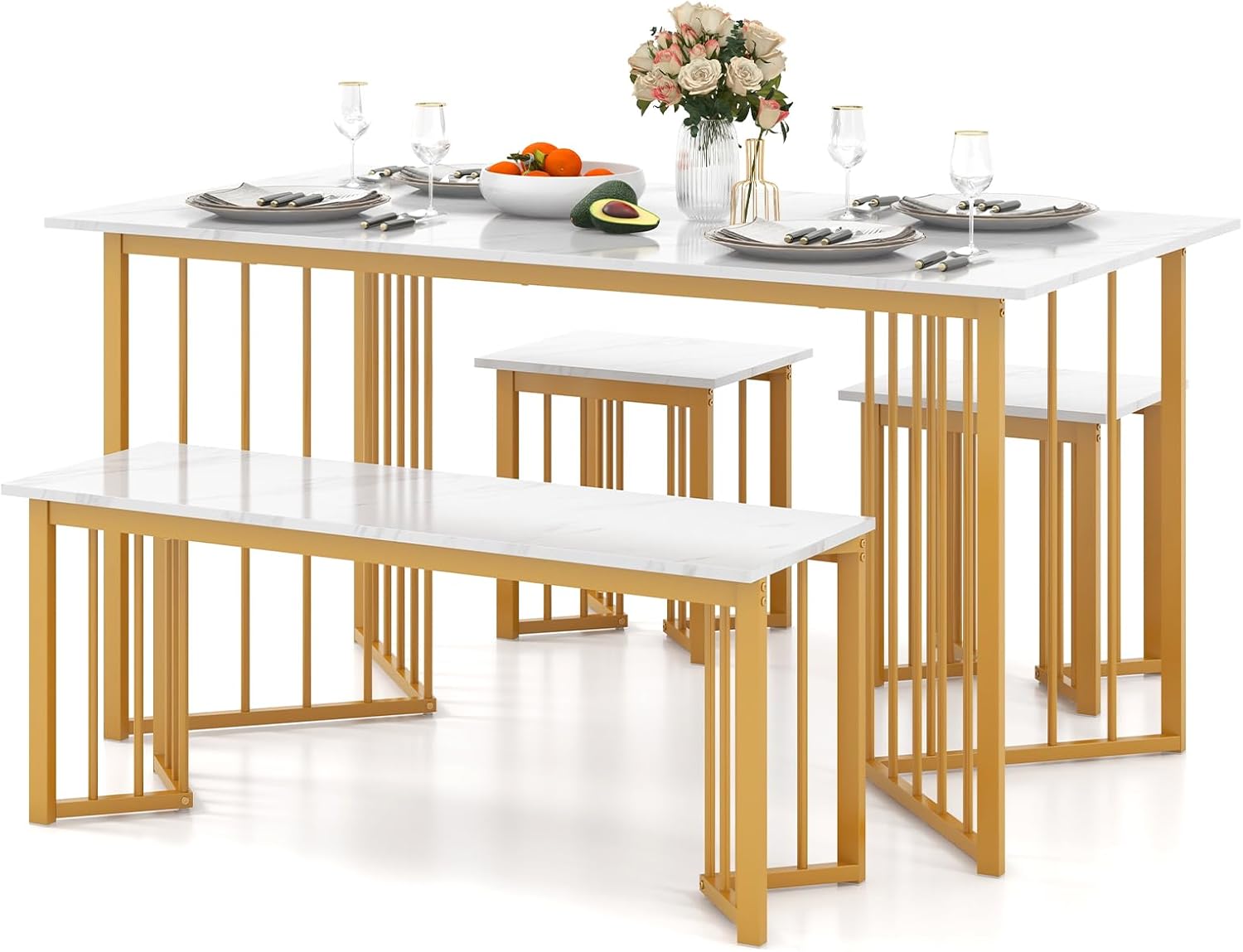 Giantex 4-Piece Dining Table Set for 4, Kitchen Table Chairs Set with Bench & 2 Stools, Wing-Shaped Metal Legs, Marble Grain Dinette Table Set for Small Space, Dining Room, Breakfast Nook Table Set