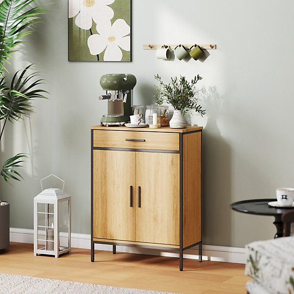 Meuble de salle de bain, étagères à deux niveaux, grand tiroir, style industriel, aspect chêne