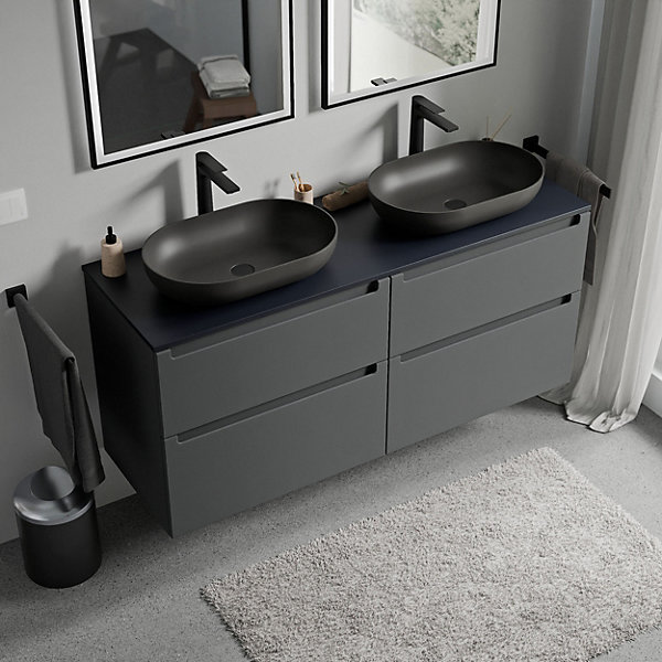 Meuble sous vasque suspendu MDF Anthracite mat, plan vasque Bleu nuit mat, tiroirs pivotants - 120x46x62cm - VIREO