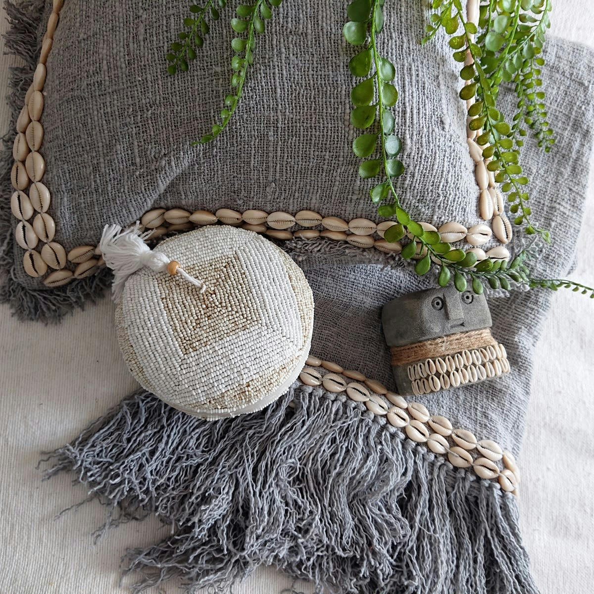 CANGA - Plaid en coton avec coquillages, gris 140x200 cm