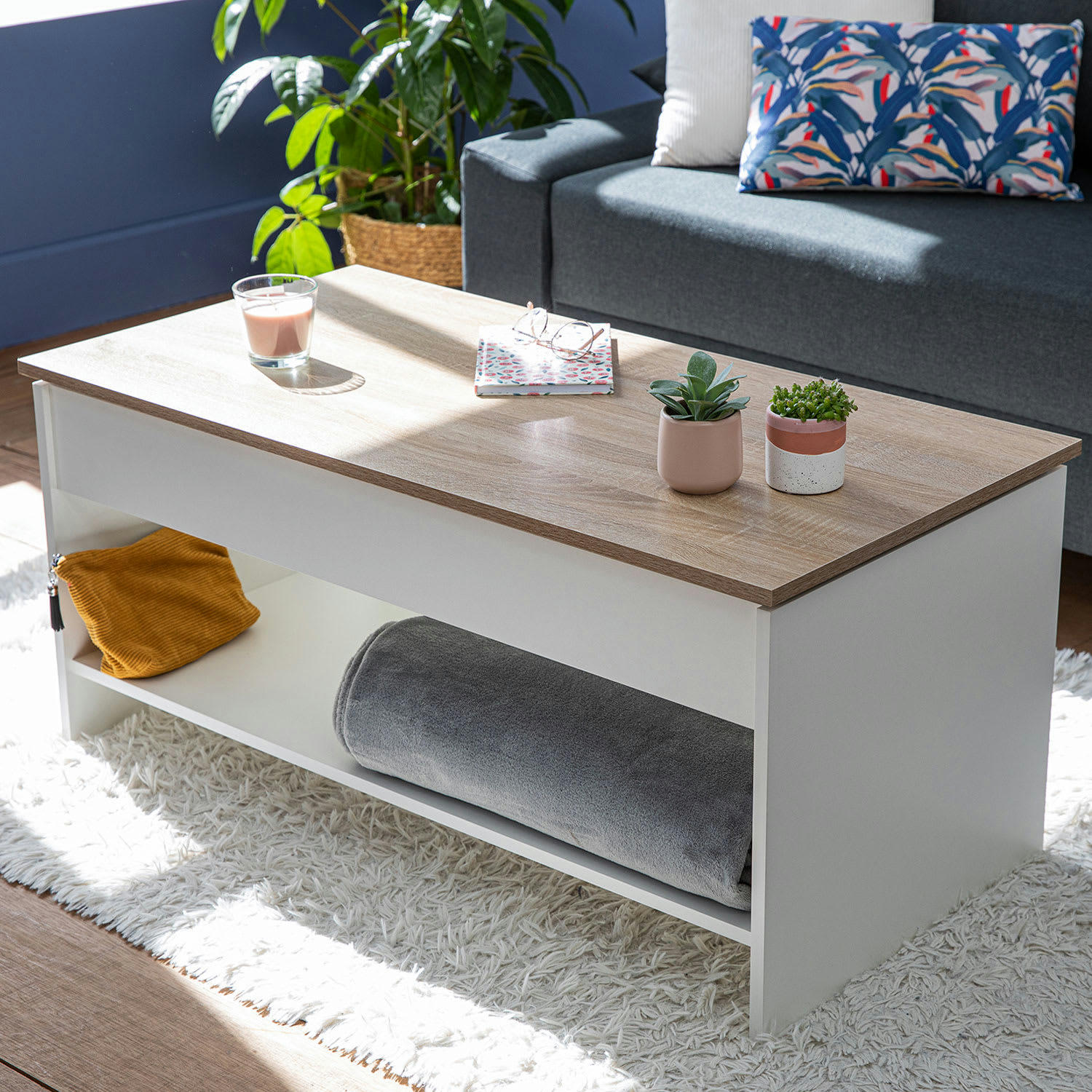 HEDDA - Table basse avec plateau relevable blanche et bois
