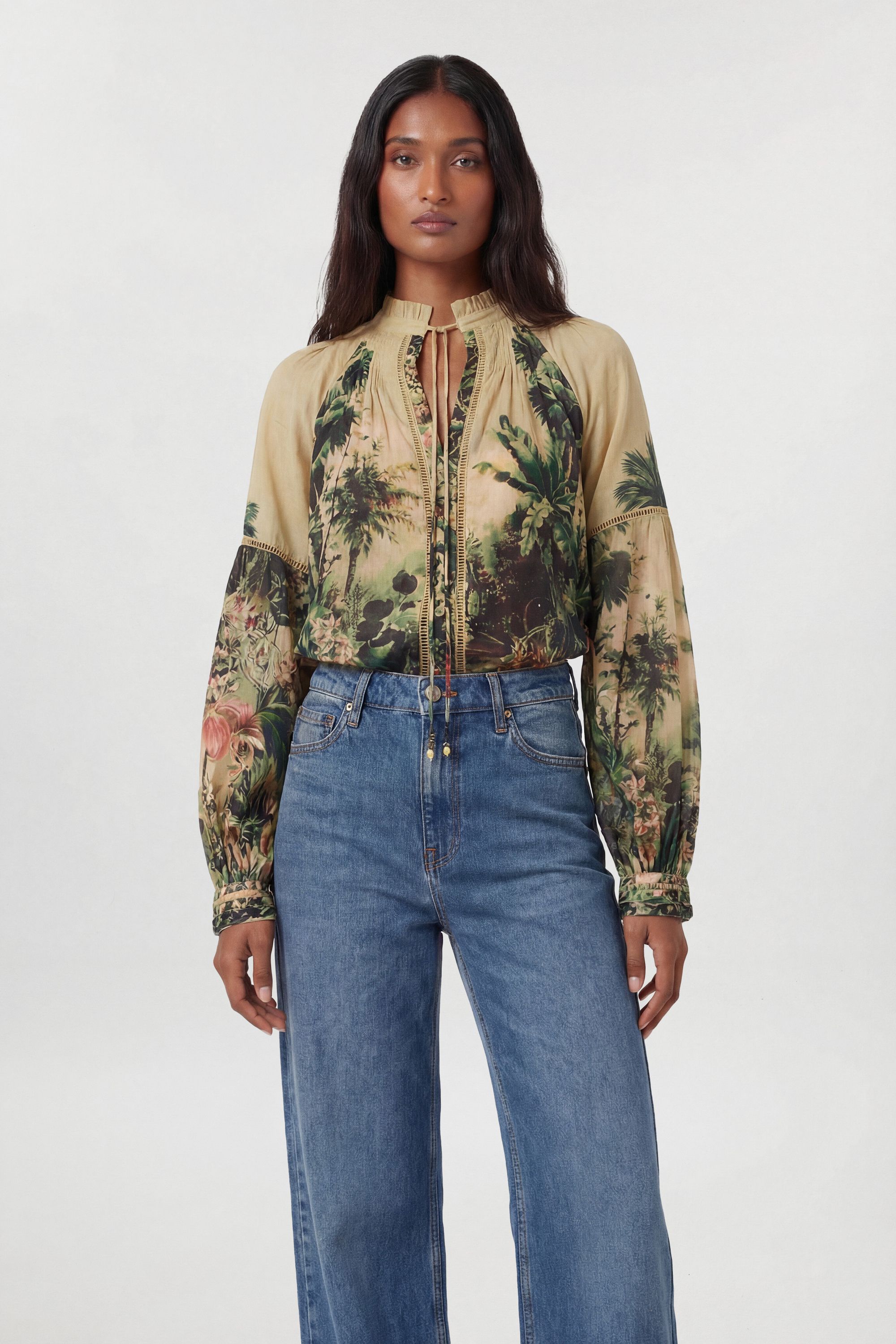 KarenMillen Botanical Print Woven Balloon Sleeve Blouse