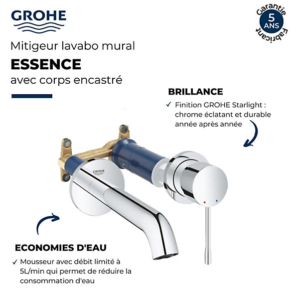 Grohe Façade Essence Mitigeur monocommande 2 trous lavabo Taille M Cool Sunrise brossé corps encastré